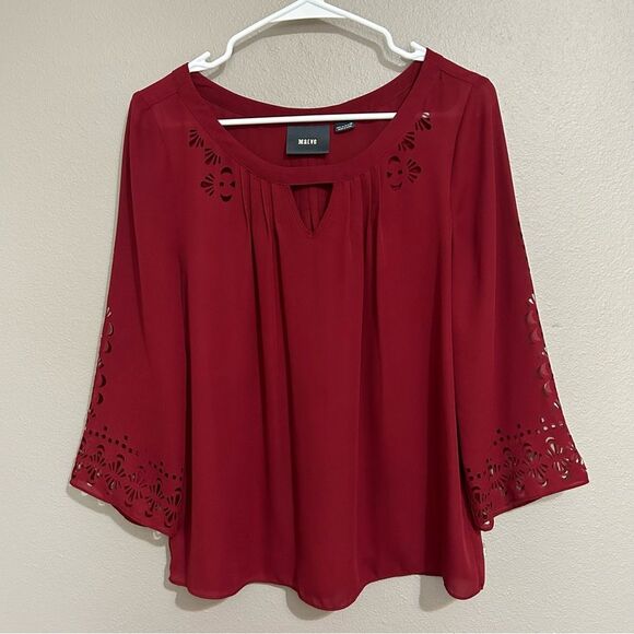Anthropologie Maeve burgundy red laser cut out blouse women’s size small 6 - Picture 2 of 11